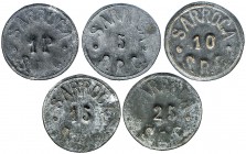 Sarroca. 5, 10, 15, 25 céntimos y 1 peseta. (T. 2656 y 2660 a 2663). 5 monedas. Raras. MBC-/MBC+.