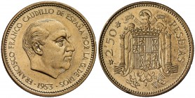 1953*1968. Estado Español. 2,50 pesetas. (Cal. 70). 7,29 g. Ex Colección Hispania 26/10/2010, nº304. Rara. Proof.