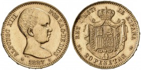 1887*1961. Estado Español. MPM. 20 pesetas. (Cal. 5). 6,46 g. Hoja en reverso. Acuñación de 800 ejemplares. Ex Colección Laureano Figuerola 02/04/2008...