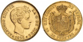 1896*1961. Estado Español. PGV. 20 pesetas. (Cal. 7). 6,39 g. Acuñación de 900 ejemplares. Rara. EBC/EBC+.