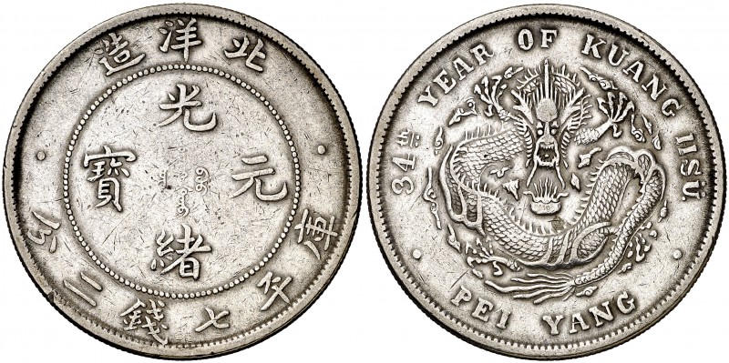 Año 34 (1908). China. Chihli. Kuang-hsü. Chin (Arsenal Pei Yang). 1 dólar. (Kr. ...