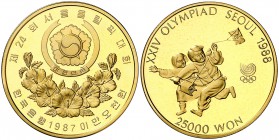 1987. Corea del Sur. 25000 won. (Fr. 13) (Kr. 68). 16,83 g. AU. XXIV Olimpiadas-Seúl '88. Proof.