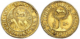(1857). Costa Rica. JB. 1/2 escudo. (Fr. 5) (Kr. 80). 1,51 g. AU. Contramarca león (De Mey 475) sobre una pieza de 1847. MBC.