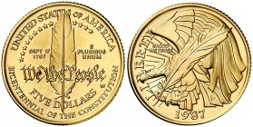 1987. Estados Unidos. W (West Point). 5 dólares. (Fr. 198) (Kr. 221). 8,31 g. AU. Bicentenario de la Constitución. S/C.