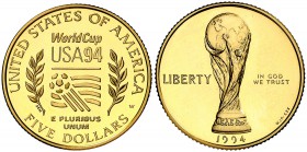 1994. Estados Unidos. W (West Point). 5 dólares. (Fr. 206) (Kr. 248). 8,32 g. AU. Mundial de Fútbol-E.E.U.U. '94. En estuche oficial con certificado. ...