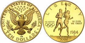 1984. Estados Unidos. W (West Point). 10 dólares. (Fr. 196) (Kr. 211). 16,74 g. AU. XXIII Olimpiadas-Los Ángeles '84. Proof.