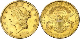 1904. Estados Unidos. Filadelfia. 20 dólares. (Fr. 177) (Kr. 74.3). 33,41 g. AU. Leves marquitas. EBC-.