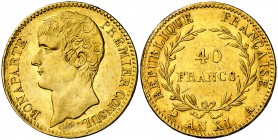 An XI (1802). Francia. Napoleón. A (París). 40 francos. (Fr. 479) (Kr. 652). 12,81 g. AU. Bonaparte premier cónsul. Parte de brillo original Escasa as...