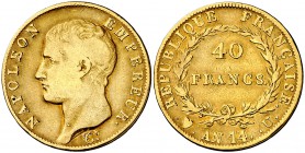 An 14. Francia. Napoleón. U (Turín). 40 francos. (Fr. 482) (Kr. 664.2). 12,72 g. AU. Rara. MBC-/MBC.