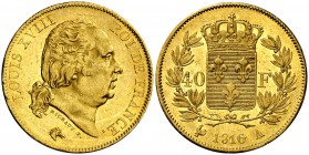 1816. Francia. Luis XVIII. A (París). 40 francos. (Fr. 532) (Kr. 713.1). 12,89 g. AU. Bella. Brillo original. Esasa así. EBC.