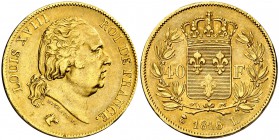 1816. Francia. Luis XVIII. L (Bayona). 40 francos. (Fr. 534) (Kr. 713.4). 12,79 g. AU. Parte de brillo original. MBC+.