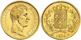 1824. Francia. Carlos X. A (París). 40 francos. (Fr. 547) (Kr. 721.1). 12,82 g. AU. Parte de brillo original. EBC-.