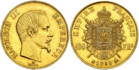 1859. Francia. Napoleón. BB (Estrasburgo). 100 francos. (Fr. 570) (Kr. 786.2). 32,23 g. AU. Golpecitos. EBC-.