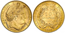 1896. Francia. A (París). 10 francos. (Fr. 594) (Kr. 830). 3,25 g. AU. Bella. EBC+.