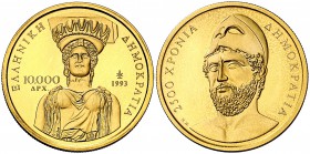 1993. Grecia. 10000 dracmas. (Fr. 33) (Kr. 161). 8,61 g. AU. 2500º Aniversario de la Democracia. En estuche oficial con certificado. Proof.