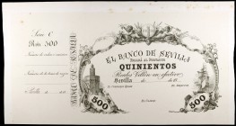 18... Banco de Sevilla. 500 reales de vellón. Prueba en cartón con matriz. Leves manchitas. Rara. EBC+.