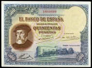 1935. 500 pesetas. (Ed. C16). 7 de enero, Hernán Cortés. Una esquina con ligero doblez e insignificante doblez central. Raro. EBC.