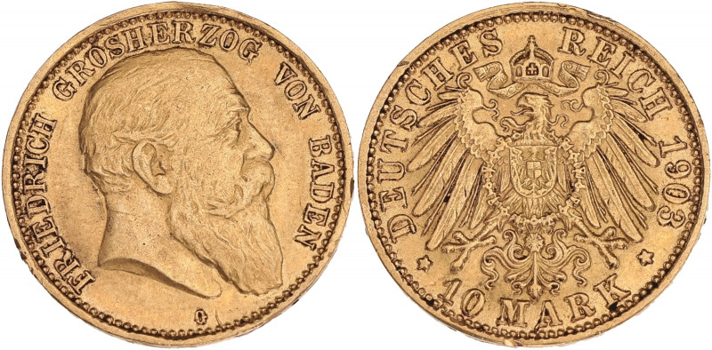 ALLEMAGNE - GERMANY
Bade, Frédéric I (1856-1907). 10 mark 1903, G, Karlsruhe.
Fr...