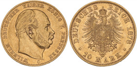 ALLEMAGNE - GERMANY
Prusse, Guillaume Ier (1861-1888). 10 mark 1878, C, Francfort.
Fr.3824 ; Or - 3,96 g - 19 mm - 12 h
Millésime peu commun. Beau TTB...