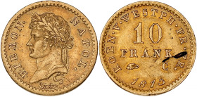 ALLEMAGNE - GERMANY
Westphalie, Jérôme Napoléon (1807-1813). 10 frank 1813, C, Cassel.
Fr.3518 ; Or - 3,19 g - 17 mm - 12 h
Défaut de métal au revers ...