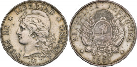 ARGENTINE - ARGENTINA
République. Un peso 1882.
KM.29 ; Argent - 24,62 g - 37,5 mm - 6 h
Beau TTB.