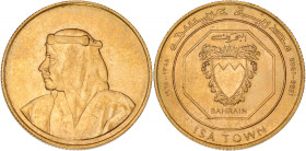 BAHREÏN - BAHRAIN
Issa ben Salmane Al Khalifa (1961-1999) . 10 dinars, Isa Town 1968.
Fr.1 ; Or - 15,95 g - 28 mm - 12 h
Superbe.