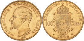 BULGARIE - BULGARIA
Ferdinand Ier (1887-1918). 100 leva 1894, KB, Kremnitz.
KM.21 - Fr.2 ; Or - 32,13 g - 34 mm - 6 h
Très rare et recherché. Très lég...