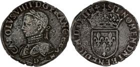 FRANCE / CAPÉTIENS - FRANCE / ROYAL
Charles IX (1560-1574). Teston, 3e type, à l’écu non accosté 1562, D, Lyon.
Dy.1071 - Sb.4618 - G.430 ; Argent - 8...