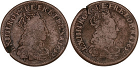 FRANCE / CAPÉTIENS - FRANCE / ROYAL
Louis XIV (1643-1715). Liard avec double avers 1657, Corbeil.
C2G.type 6.4 p.231 ; Bronze - 4,11 g - 22,5 mm - 6 h...