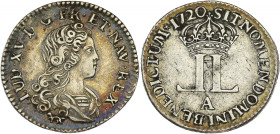 FRANCE / CAPÉTIENS - FRANCE / ROYAL
Louis XV (1715-1774). Livre dite “de la Compagnie des Indes” 1720, A, Paris.
Dy.1663 - G.296 ; Argent - 3,60 g - 2...