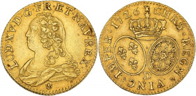 FRANCE / CAPÉTIENS - FRANCE / ROYAL
Louis XV (1715-1774). Louis d’or aux lunettes 1726, D, Lyon.
Dy.1640 - G.340 - Fr.461 ; Or - 8,10 g - 23,5 mm - 6 ...
