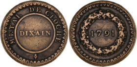 FRANCE / CAPÉTIENS - FRANCE / ROYAL
Constitution (1791-1792). Dixain de Rochon 1791, Lyon.
H.336 ; Métal de cloche - 21,61 g - 33 mm - 6 h
TTB.