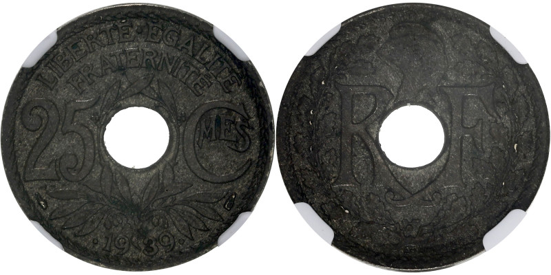 FRANCE
IIIe République (1870-1940). 25 centimes Lindauer, sur flan mince 1939, P...