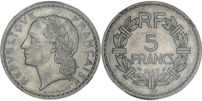 FRANCE
IIIe République (1870-1940). 5 francs Lavrillier en nickel 1937, Paris.
G...