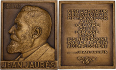 FRANCE
IIIe République (1870-1940). Plaque, Jean Jaurès par Crouzat ND.
Bronze - 105 g - 47 x 56 mm - 12 h
Poinçon corne BRONZE. Superbe.
