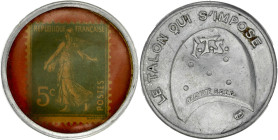FRANCE
IIIe République (1870-1940). Timbre-monnaie de 5 centimes, Le Talon qui s’impose ND.
Aluminium - 1,07 g - 33 mm - 6 h
Type peu commun. TTB.