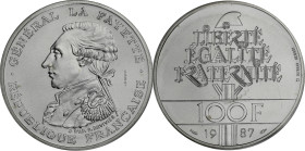 FRANCE
Ve République (1958 à nos jours). Essai de 100 francs Général La Fayette 1987.
G.902 - F.455 ; Argent - 15 g - 31 mm - 6 h
Sous scellé d’origin...