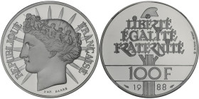 FRANCE
Ve République (1958 à nos jours). Épreuve de 100 francs Fraternité en palladium 1988, Pessac.
G.903 (2023, manque en palladium) ; Palladium - 3...