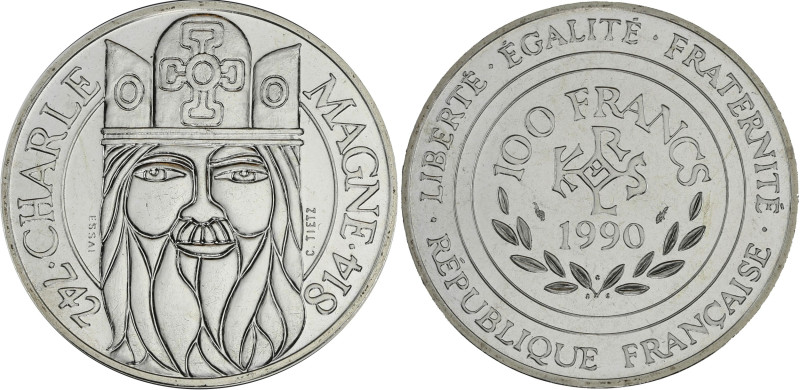FRANCE
Ve République (1958 à nos jours). Essai de 100 francs Charlemagne 1990.
G...