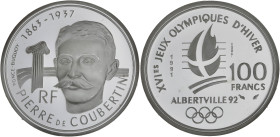FRANCE
Ve République (1958 à nos jours). Essai de 100 francs Pierre de Coubertin 1991.
Argent - 15 g - 31 mm - 6 h
Rare en argent. Sous capsule d’orig...