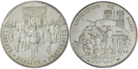 FRANCE
Ve République (1958 à nos jours). 100 francs Libération de Paris 1994.
G.935 - F.462 ; Argent - 15 g - 31 mm - 6 h
PCGS MS65 (17299937). 
Fleur...