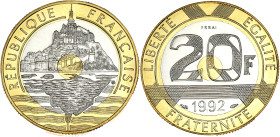 FRANCE
Ve République (1958 à nos jours). Essai de 20 francs Mont Saint-Michel 1992.
G.871 - F.403 ; Bimétallique - 9 g - 27 mm - 6 h
Sous capsule d’or...