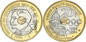 FRANCE
Ve République (1958 à nos jours). Essai de 20 francs Pierre de Coubertin 1994.
G.873 - F.405 ; Bimétallique - 9 g - 27 mm - 6 h
Sous capsule d’...