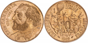 FRANCE
Ve République (1958 à nos jours). Essai de 10 francs Gambetta 1982.
G.815 - F.366 ; Cupro-nickel aluminium - 10 g - 26 mm - 6 h
Superbe.