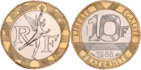 FRANCE
Ve République (1958 à nos jours). Essai de 10 francs Génie de la Bastille 1988.
G.827 - F.375 ; Bimétallique - 6,5 g - 23 mm - 6 h
Sous scellé ...