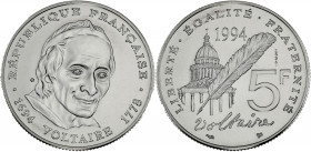 FRANCE
Ve République (1958 à nos jours). Essai de 5 francs Voltaire 1994.
G.775 - F.344 ; Nickel - 10 g - 29 mm - 6 h
Sous capsule d’origine. Fleur de...