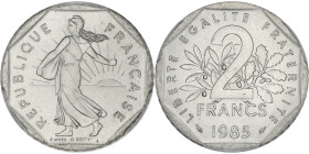 FRANCE
Ve République (1958 à nos jours). 2 francs Semeuse 1985.
G.547 - F.272 ; Nickel - 26 mm - 6 h
PCGS MS66 (37925120). 
Fleur de coin.