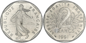 FRANCE
Ve République (1958 à nos jours). 2 francs Semeuse, frappe monnaie 1991.
G.547 - F.272 ; Nickel - 26 mm - 6 h
PCGS MS65 (15532856). 
Rare en fr...