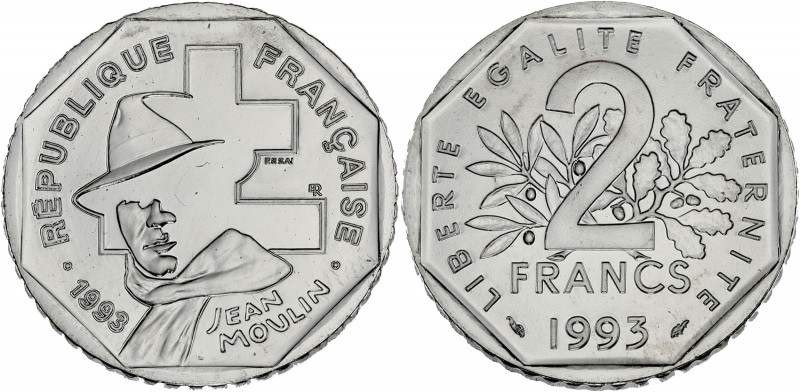 FRANCE
Ve République (1958 à nos jours). Essai de 2 francs Jean Moulin 1993.
G.5...