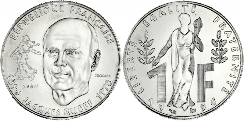 FRANCE
Ve République (1958 à nos jours). Essai de 1 franc Jacques Rueff 1996.
G....